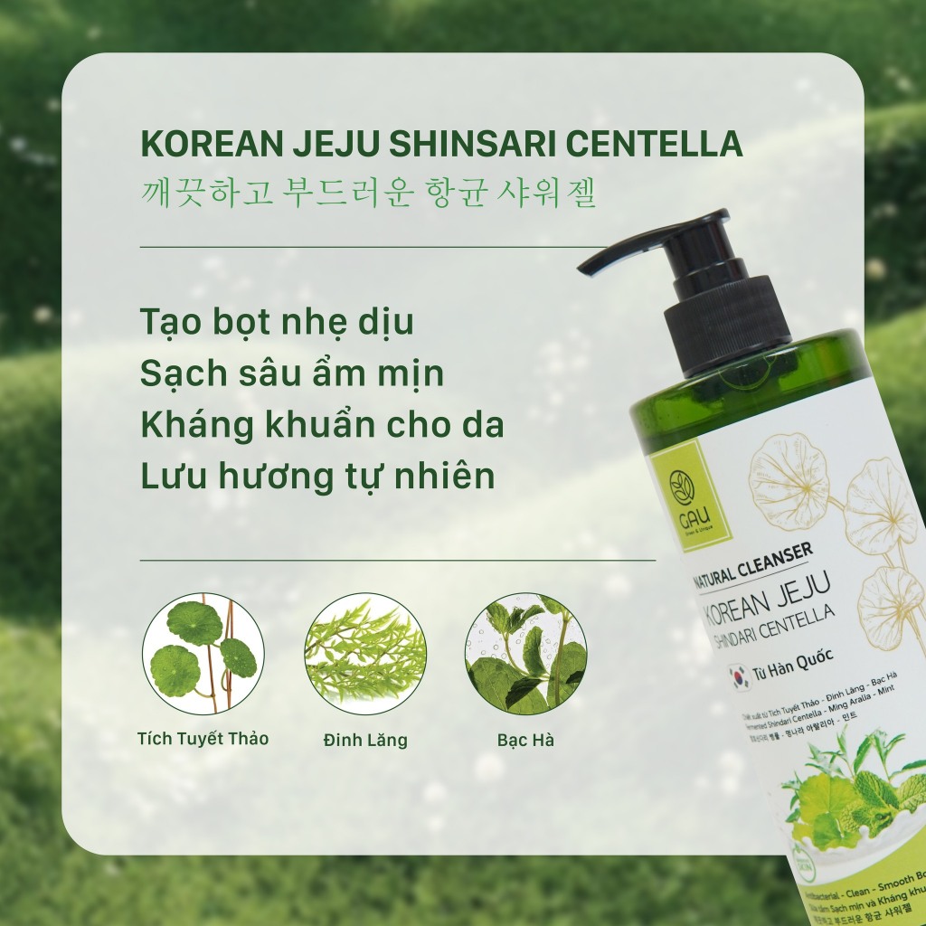 Sữa tắm Tự nhiên GAU JEJU HÀN QUỐC Cho Da Nhạy Cảm Mềm mịn Dịu mát Kháng Viêm Tích Tuyết Thảo 1L