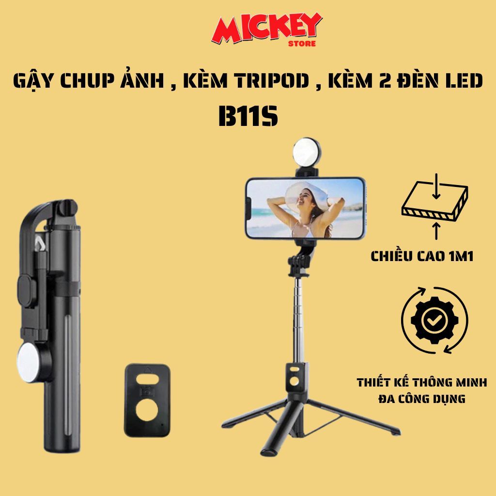 Gậy chụp ảnh tự sướng B11S có đèn trợ sáng hỗ trợ chụp ảnh quay video,gậy chụp ảnh kiêm tripod B11s