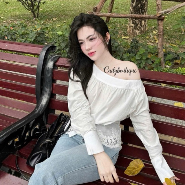 Áo sơmi lệch vai phối ren hoa cao cấp , Áo sơmi nữ dài tay basic Grabi shirt • MIU.STUDIO