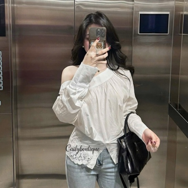 Áo sơmi lệch vai phối ren hoa cao cấp , Áo sơmi nữ dài tay basic Grabi shirt • MIU.STUDIO