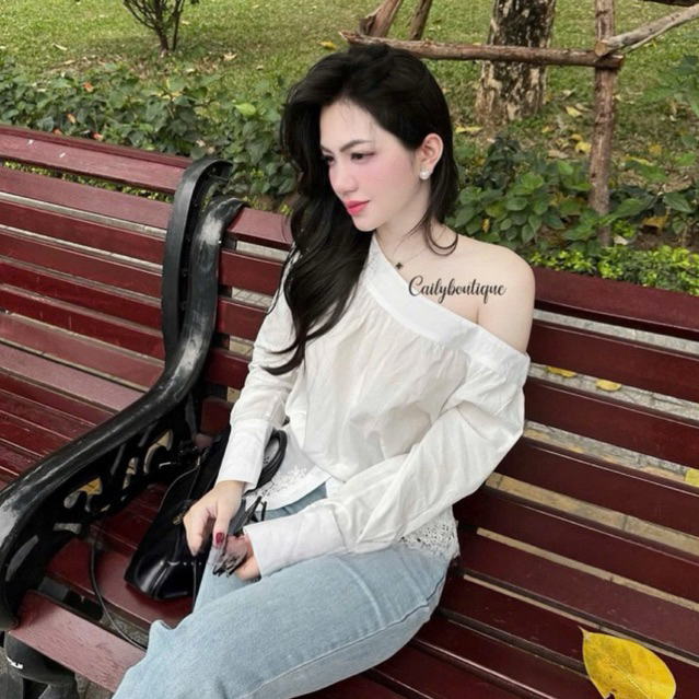 Áo sơmi lệch vai phối ren hoa cao cấp , Áo sơmi nữ dài tay basic Grabi shirt • MIU.STUDIO