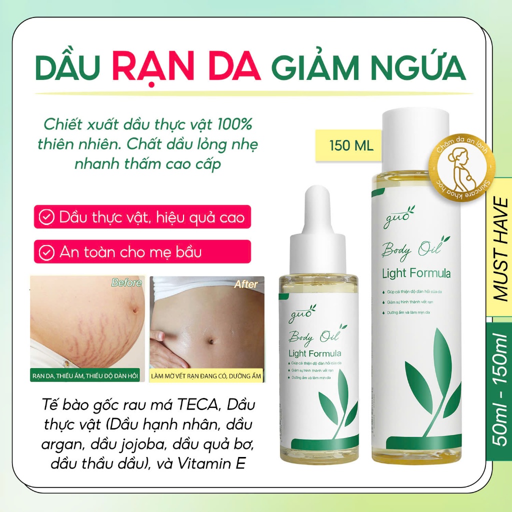 Ảnh Dầu Rạn Da Giảm Ngứa Dưỡng Ẩm Cho Bà Bầu & Mẹ Sau Sinh Lỏng Nhẹ Thấm Nhanh - GUO Body Light Oil Fomular 1
