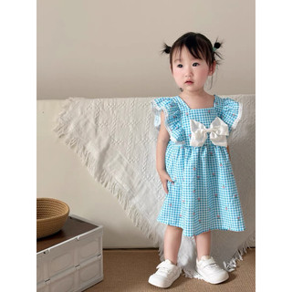 Váy bé gái sọc caro in hoa nhí tay bèo phối nơ dễ thương D1082 Bí Ngô Nhỏ