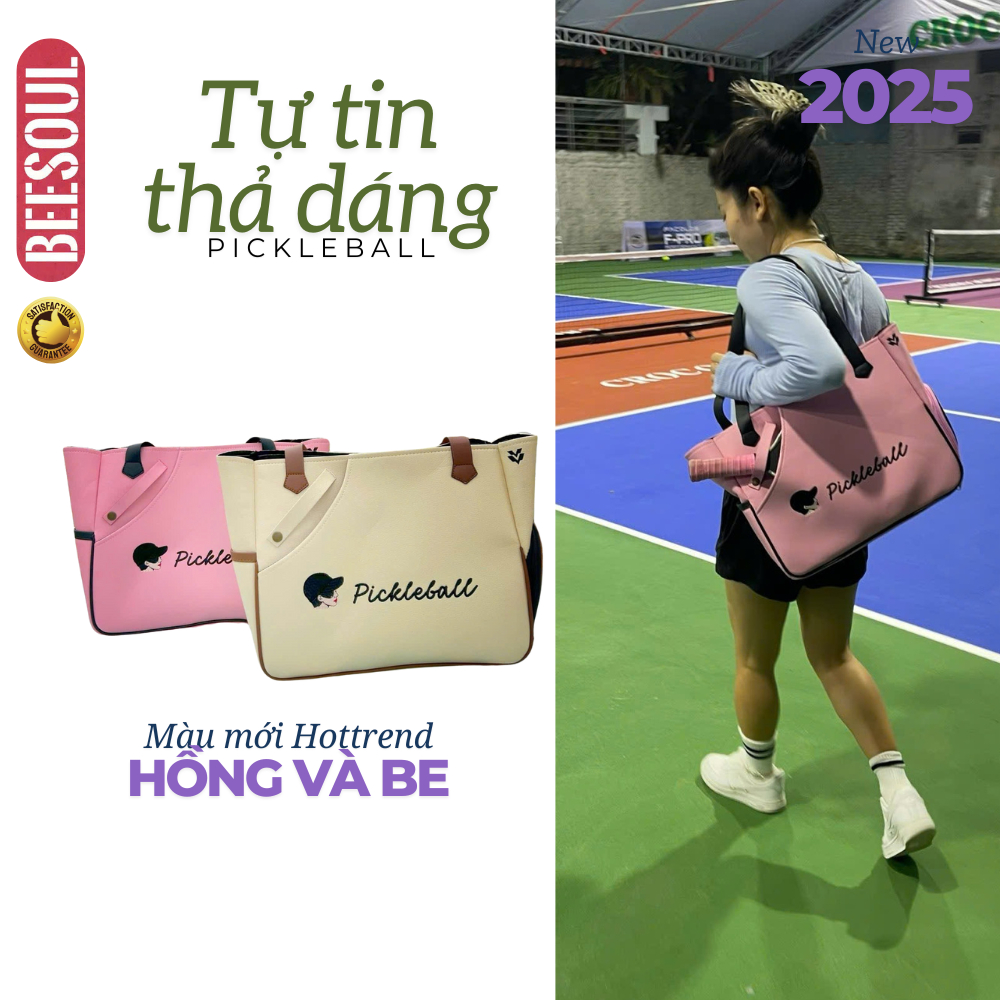 Túi đựng vợt Pickleball da PU HOTTREND 2 màu hồng be chất liệu dày dặn tiện gọn thời trang thể thao