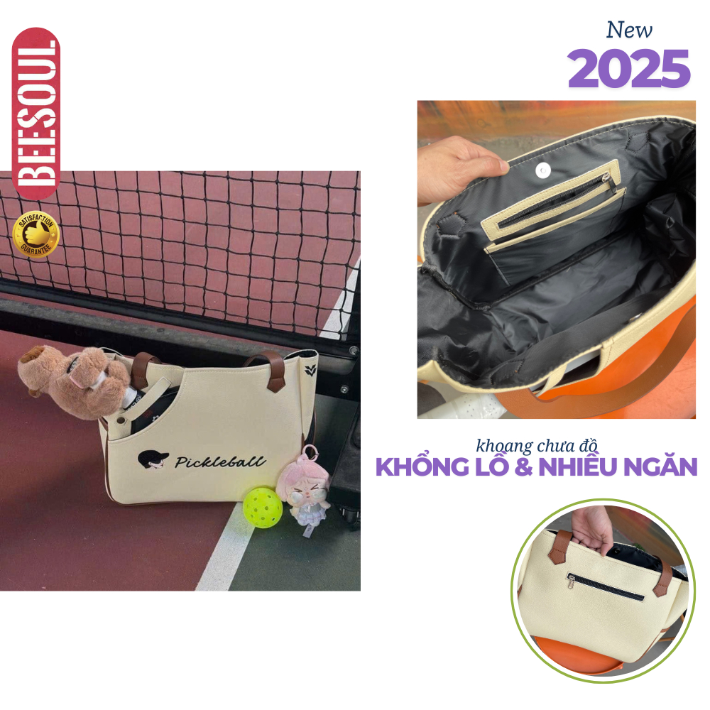 Túi đựng vợt Pickleball da PU HOTTREND 2 màu hồng be chất liệu dày dặn tiện gọn thời trang thể thao