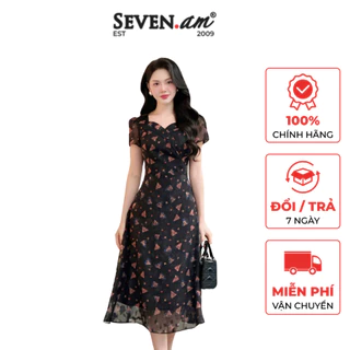 Đầm ngắn tay chiffon đen hoạ tiết cổ tim thời trang nữ Seven.AM H633606I