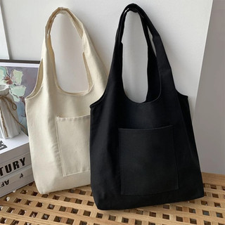 Túi tote túi vải canvas liền thân đeo vai thời trang có ngăn ngoài trơn đơn giản đựng vừa a4 - tuic196
