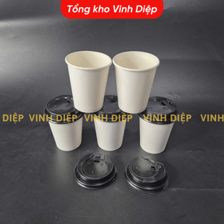 .Túi 50 cốc giấy 9oz ~ 265ml dùng 1 lần có nắp đen, cốc trắng trơn hoặc có hình