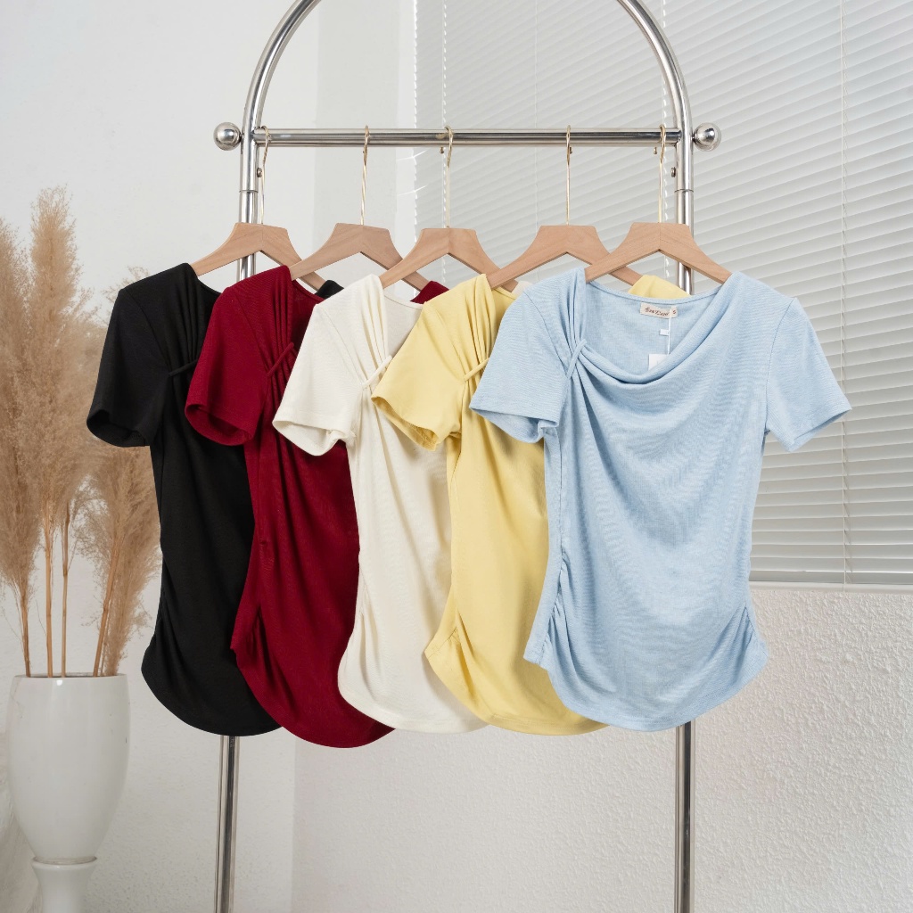 Ảnh Áo Thun Nữ Công Sở Nơ Vai Nhún Sườn Thiết Kế Thanh Lịch 275 | Áo Phông Dáng Ôm Mặc Đi Làm, Đi Chơi 3