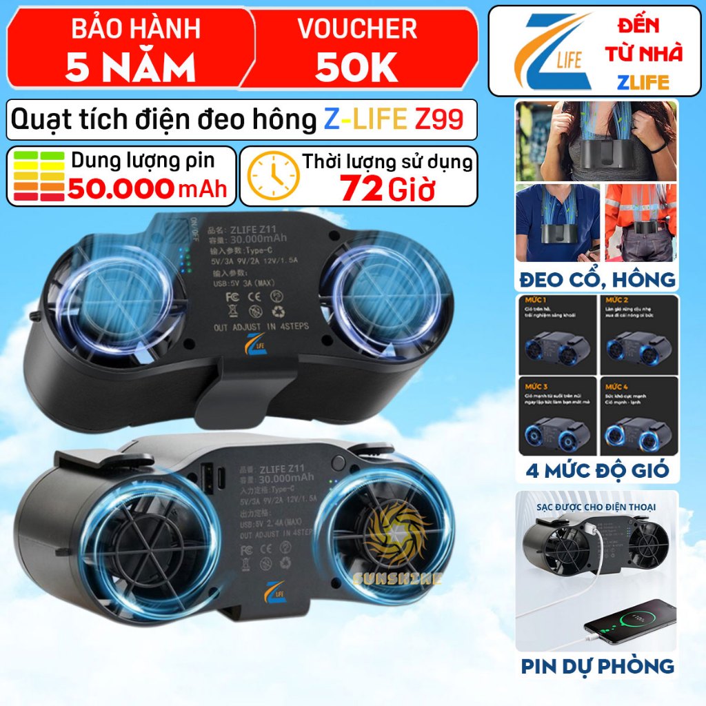 Quạt tích điện đeo hông, thắt lưng Zlife Z11, quạt đeo cổ treo eo tích ...