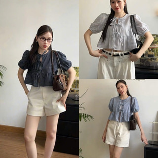 [A0.164] Áo Babydoll Kẻ Dáng Ngắn Croptop Tay Bồng Thắt Nơ Kèm Áo Quây 3 Màu