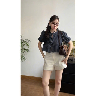 [A0.164] Áo Babydoll Kẻ Dáng Ngắn Croptop Tay Bồng Thắt Nơ Kèm Áo Quây 3 Màu
