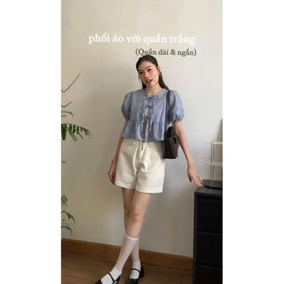 [A0.164] Áo Babydoll Kẻ Dáng Ngắn Croptop Tay Bồng Thắt Nơ Kèm Áo Quây 3 Màu