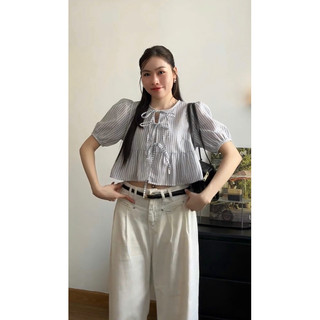 [A0.164] Áo Babydoll Kẻ Dáng Ngắn Croptop Tay Bồng Thắt Nơ Kèm Áo Quây 3 Màu