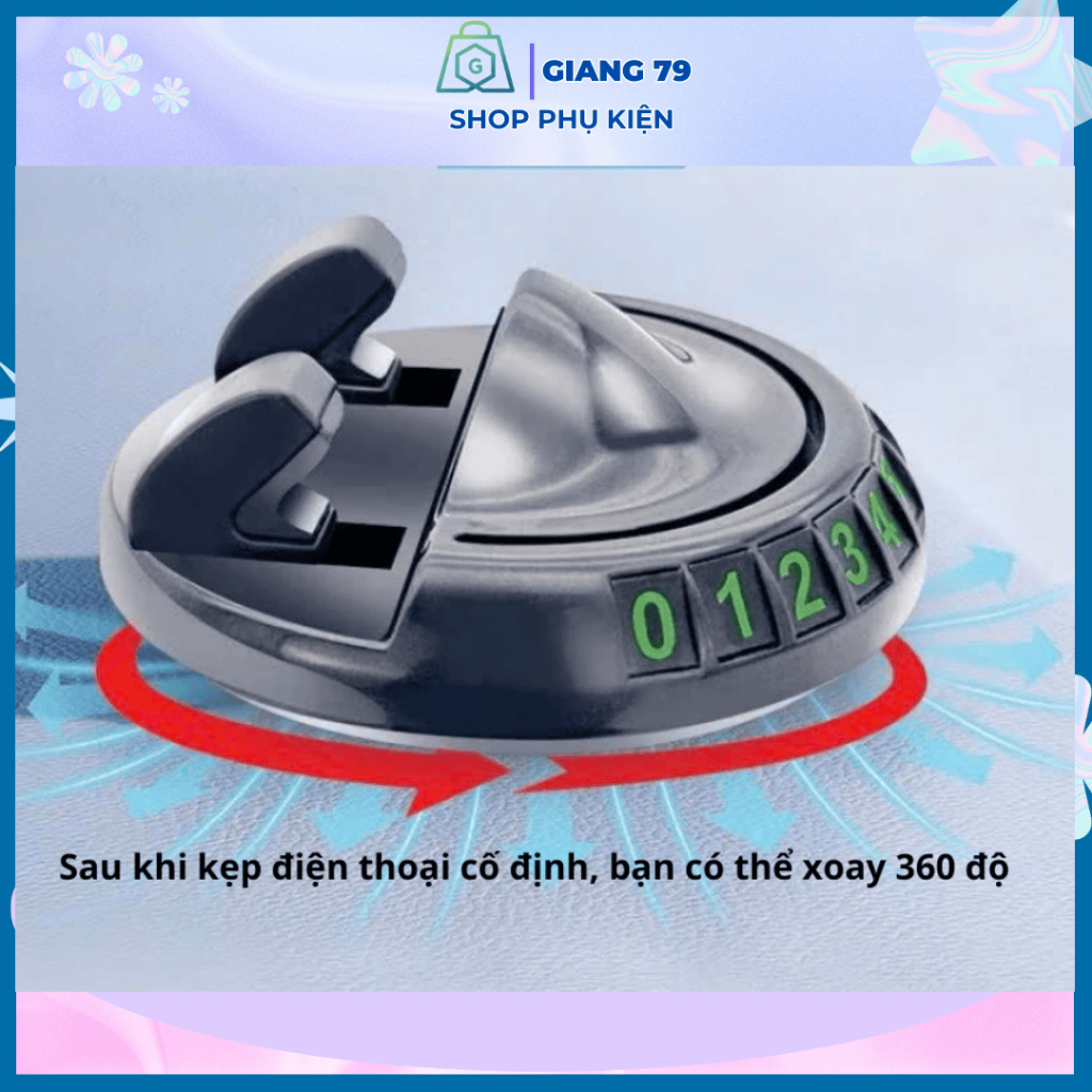 Giá Kẹp Điện Thoại Kèm Bảng Số Điện Thoại Trên ô tô, Xoay 360 độ, Đế Chống Trượt