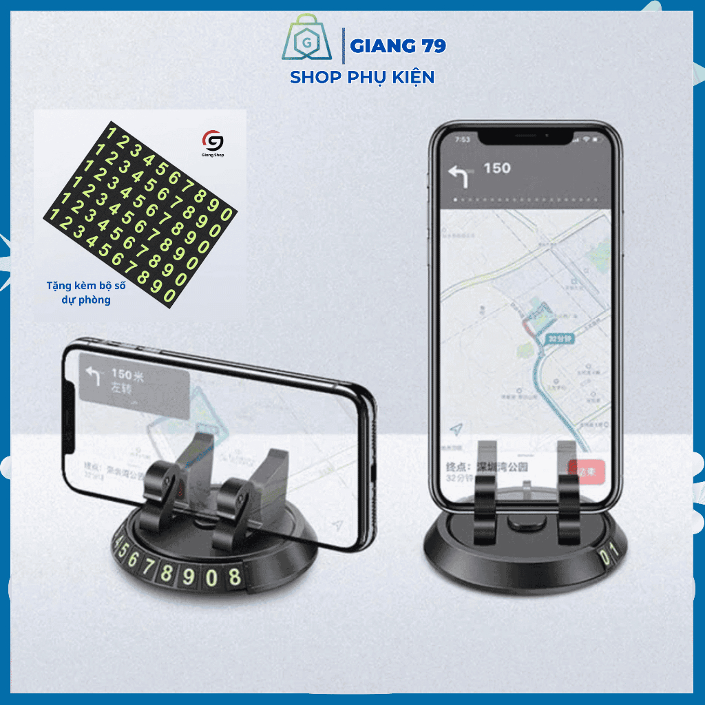 Giá Kẹp Điện Thoại Kèm Bảng Số Điện Thoại Trên ô tô, Xoay 360 độ, Đế Chống Trượt