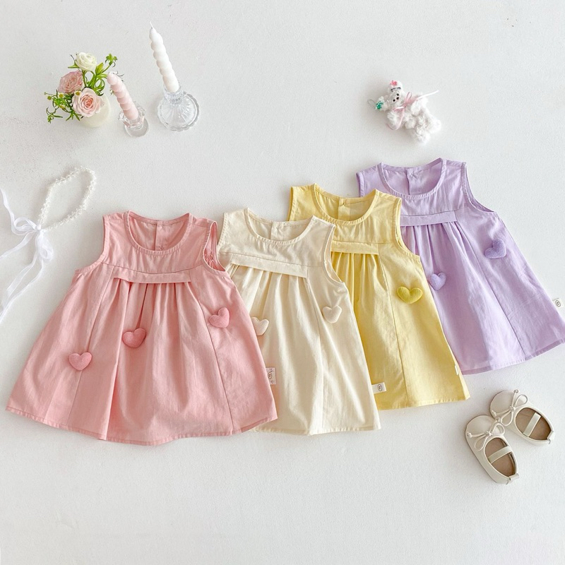 (Order) Váy sát nách hoạ tiết hình tim nổi, váy xoè phong cách Hàn Quốc dành cho bé gái