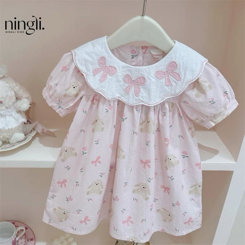 (Order) Váy cổ bèo thêu nơ dáng babydoll hoạ tiết gấu nơ dành cho bé gái