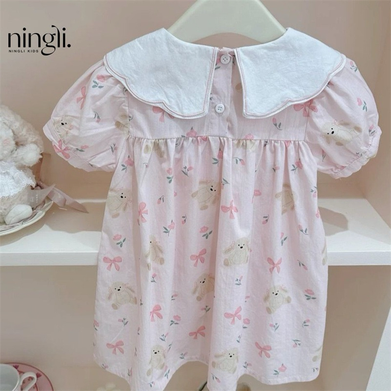 (Order) Váy cổ bèo thêu nơ dáng babydoll hoạ tiết gấu nơ dành cho bé gái