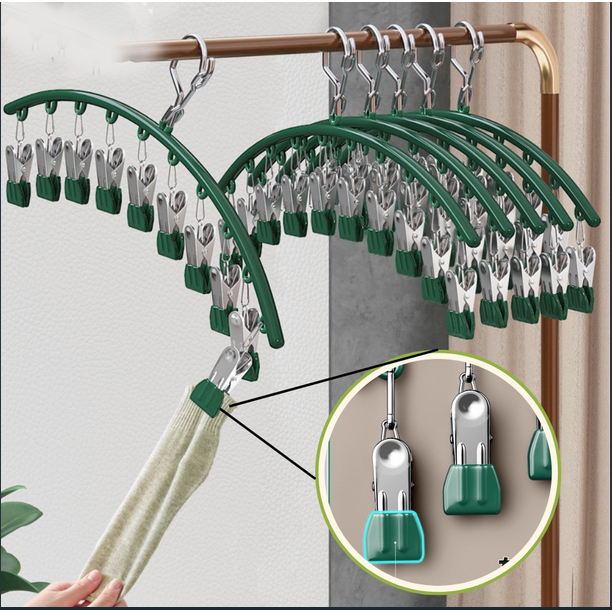 Móc phơi quần áo inox cong kèm 10 kẹp phủ nhựa chống trầy xước - Móc cong xanh có 10 kẹp