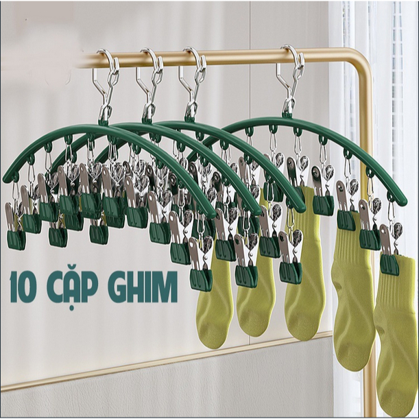 Móc phơi quần áo inox cong kèm 10 kẹp phủ nhựa chống trầy xước - Móc cong xanh có 10 kẹp