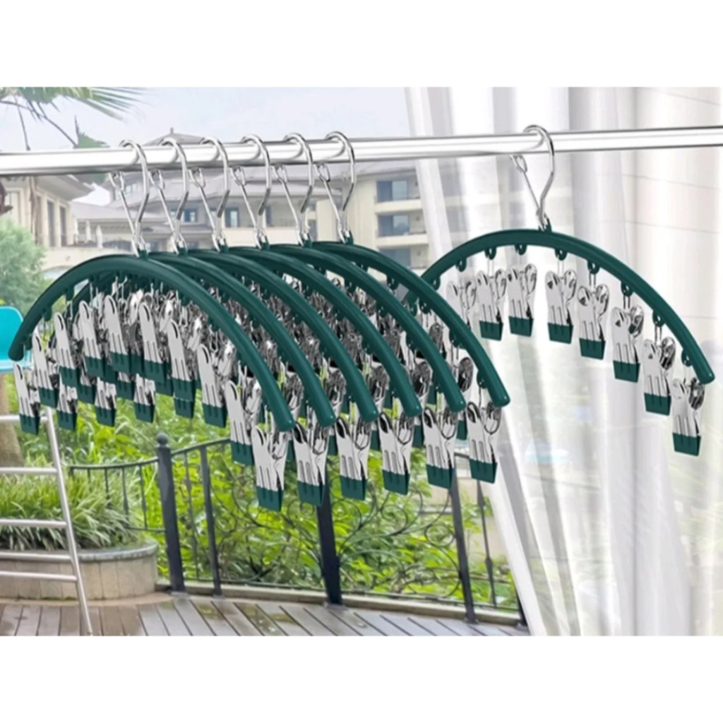 Móc phơi quần áo inox cong kèm 10 kẹp phủ nhựa chống trầy xước - Móc cong xanh có 10 kẹp