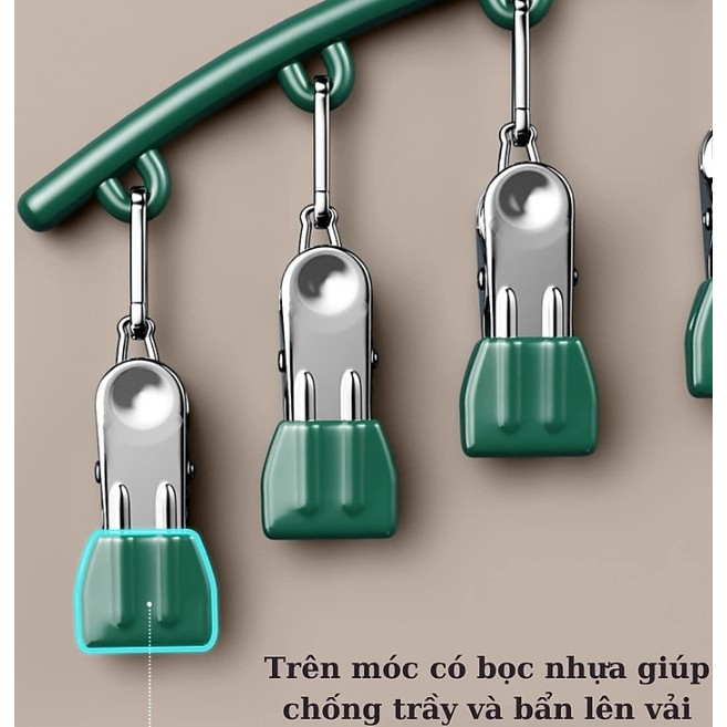 Móc phơi quần áo inox cong kèm 10 kẹp phủ nhựa chống trầy xước - Móc cong xanh có 10 kẹp