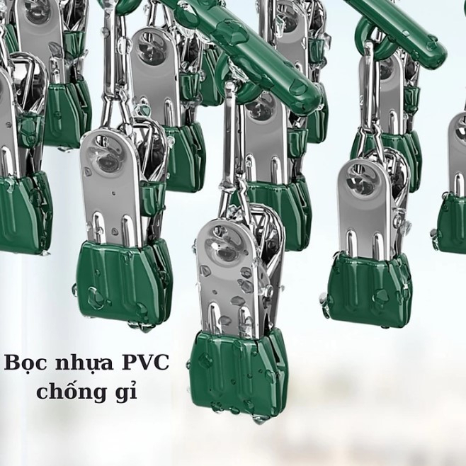 Móc phơi quần áo inox cong kèm 10 kẹp phủ nhựa chống trầy xước - Móc cong xanh có 10 kẹp