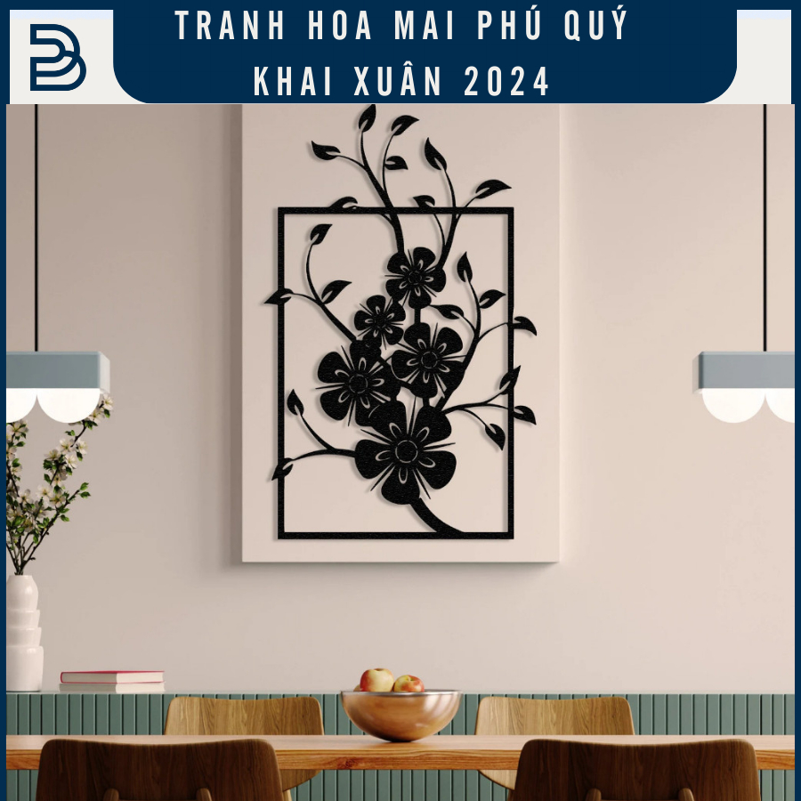 Tranh sắt CNC A14| Tranh sắt " Nhánh mai phú quý", Treo tường nghệ thuật, Decor Trang trí