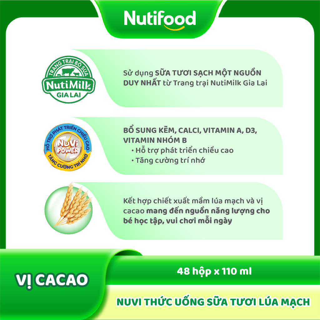 Thùng 48 Hộp Thức Uống Sữa Tươi Lúa Mạch NuVi Vị Cacao 110ml