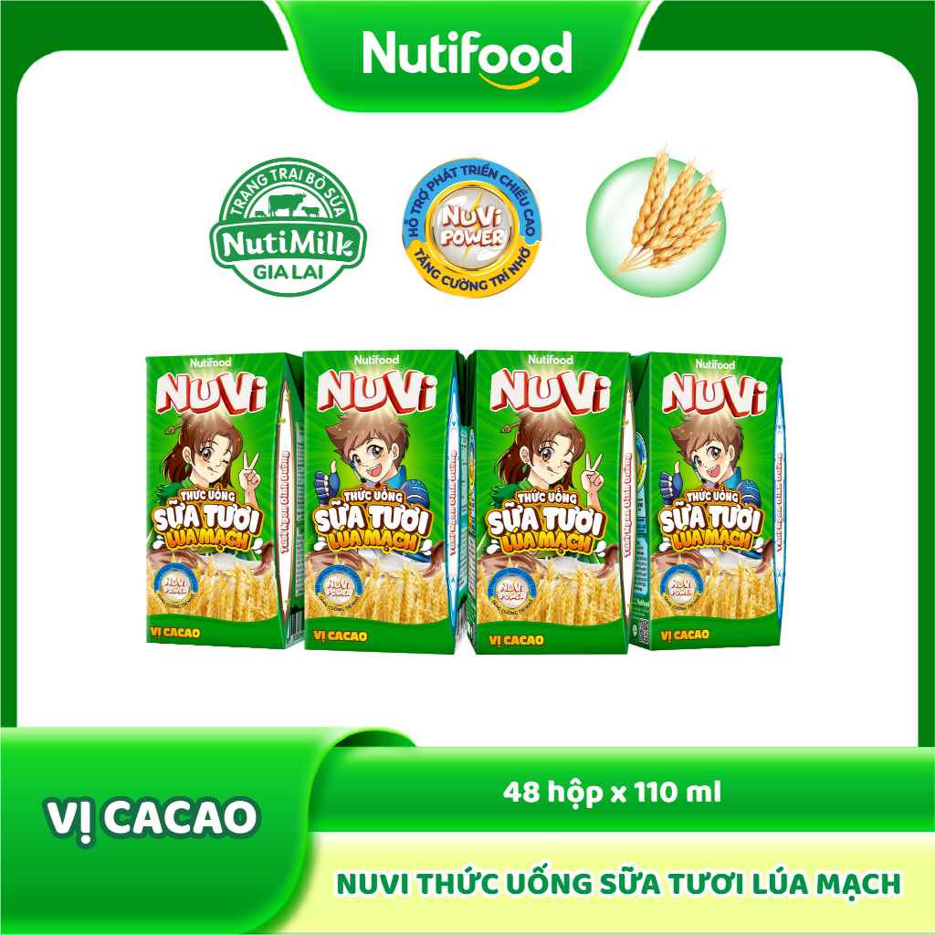 Thùng 48 Hộp Thức Uống Sữa Tươi Lúa Mạch NuVi Vị Cacao 110ml