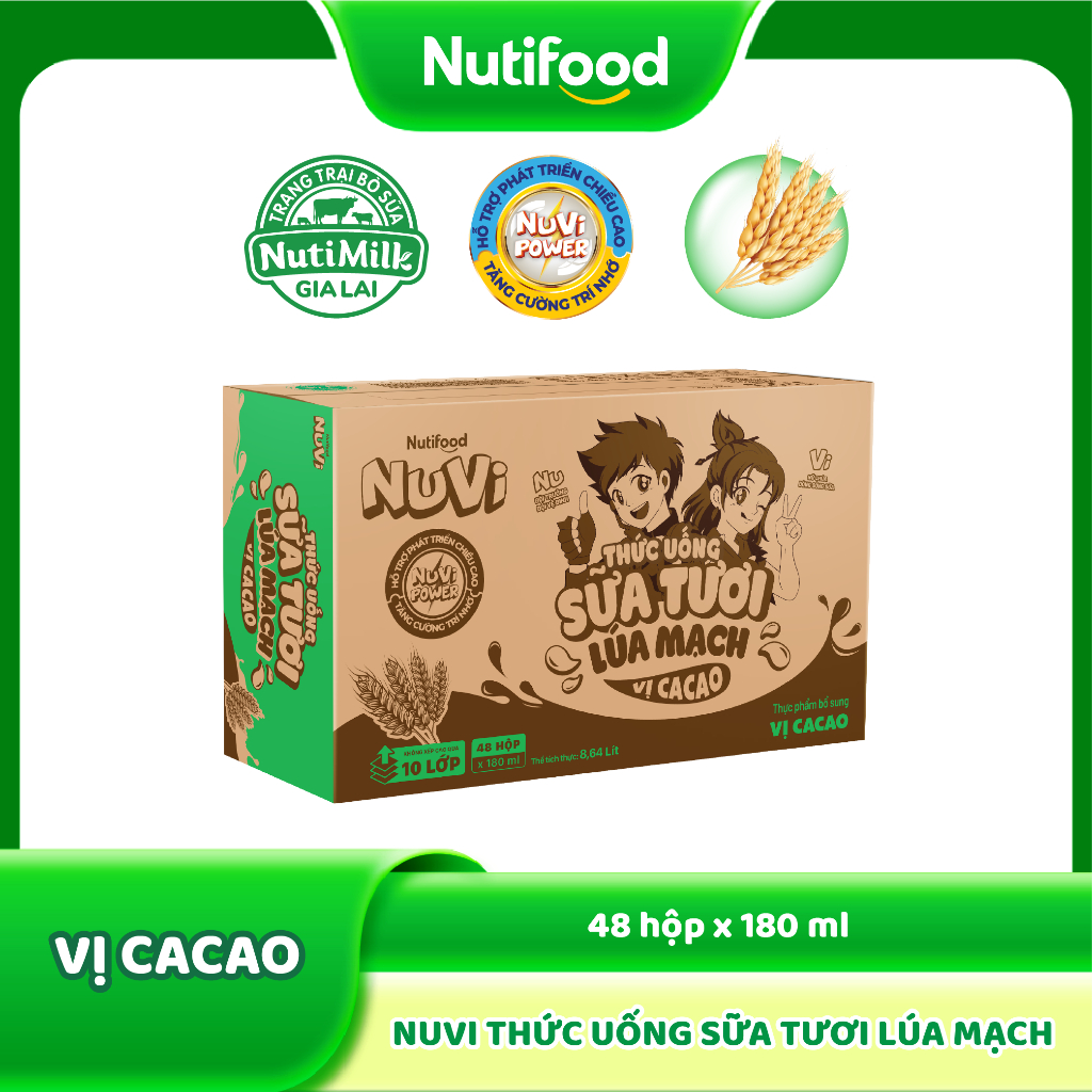 Ảnh Thùng Sữa Tươi Lúa Mạch NuVi Vị Ca Cao 180ml (48 Hộp x 180ml) 2