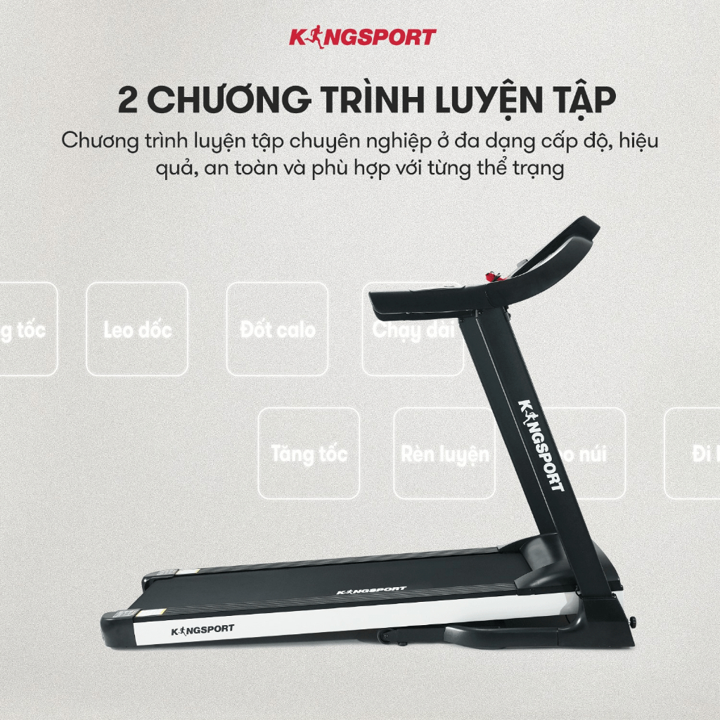 Máy chạy bộ KINGSPORT Plus K-04 đơn năng,thảm chạy rộng chống trơn, thiết kế nhỏ gọn