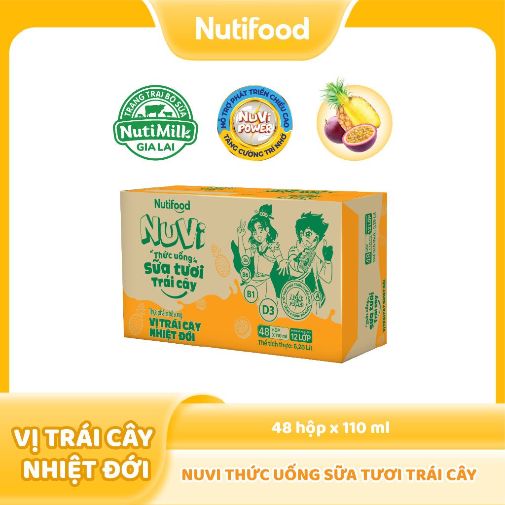 Thùng 48 Hộp Thức Uống Sữa Tươi Trái Cây NuVi Vị Trái Cây Nhiệt Đới 110ml