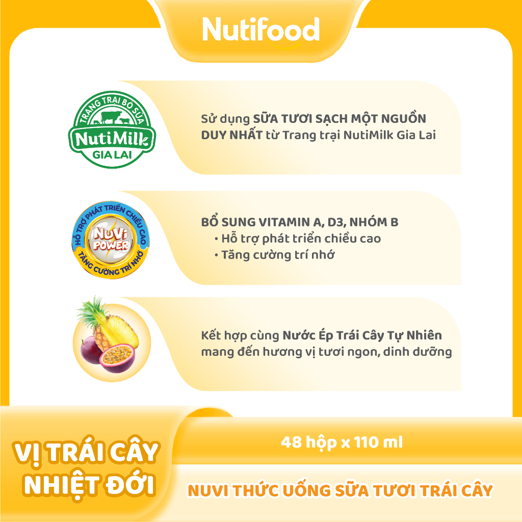 Thùng 48 Hộp Thức Uống Sữa Tươi Trái Cây NuVi Vị Trái Cây Nhiệt Đới 110ml