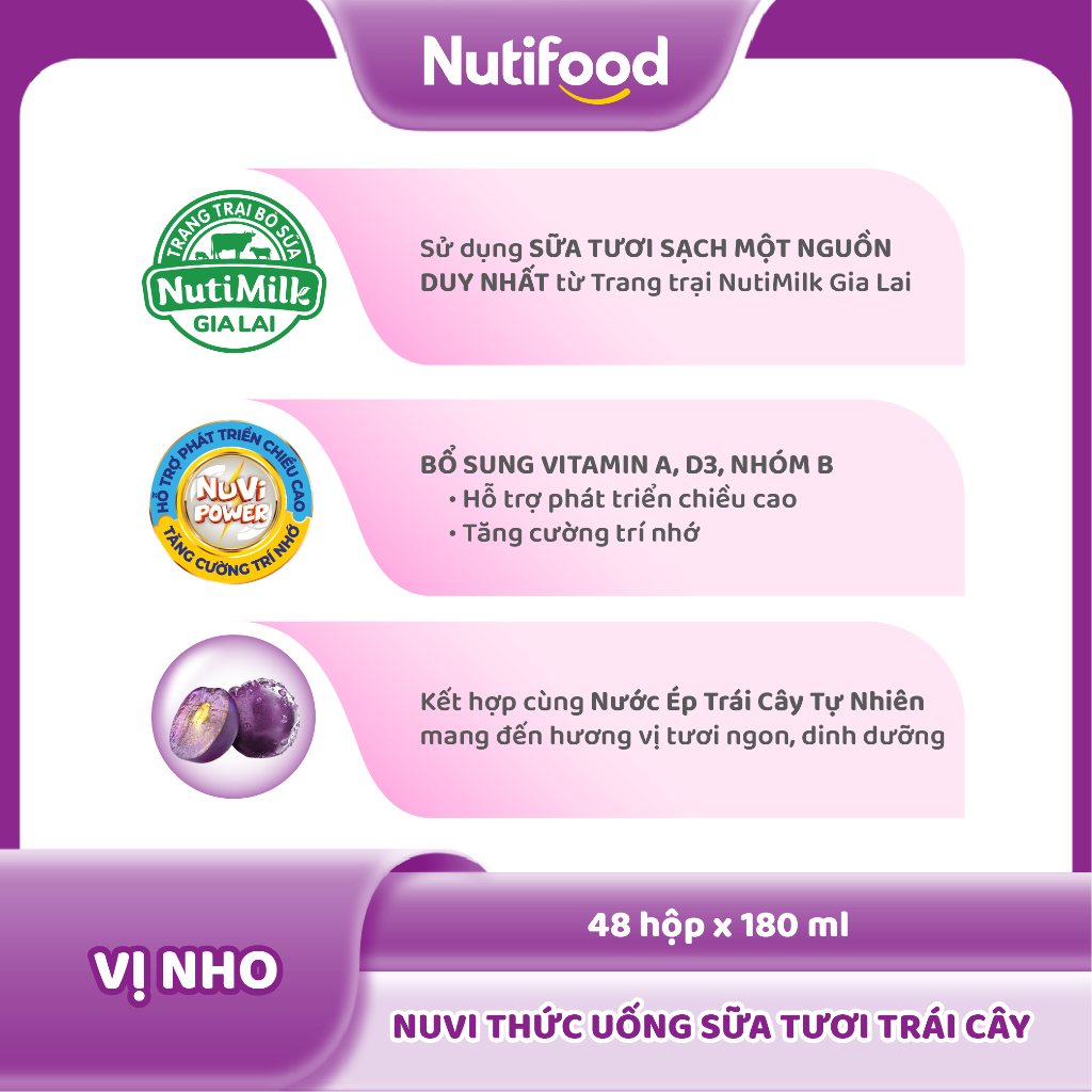 Thùng 48 Hộp Thức Uống Sữa Tươi Trái Cây NuVi Vị Nho 180ml