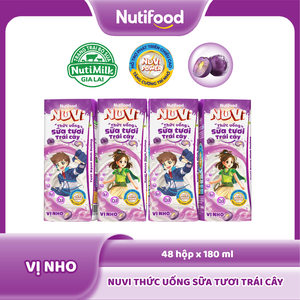 Thùng 48 Hộp Thức Uống Sữa Tươi Trái Cây NuVi Vị Nho 180ml