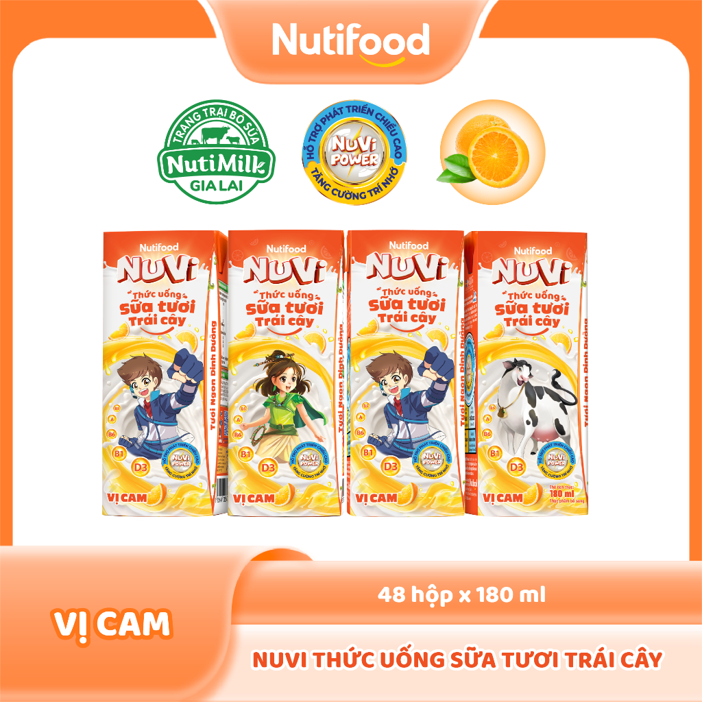 Thùng 48 Hộp Thức Uống Sữa Tươi Trái Cây NuVi Vị Cam 180ml