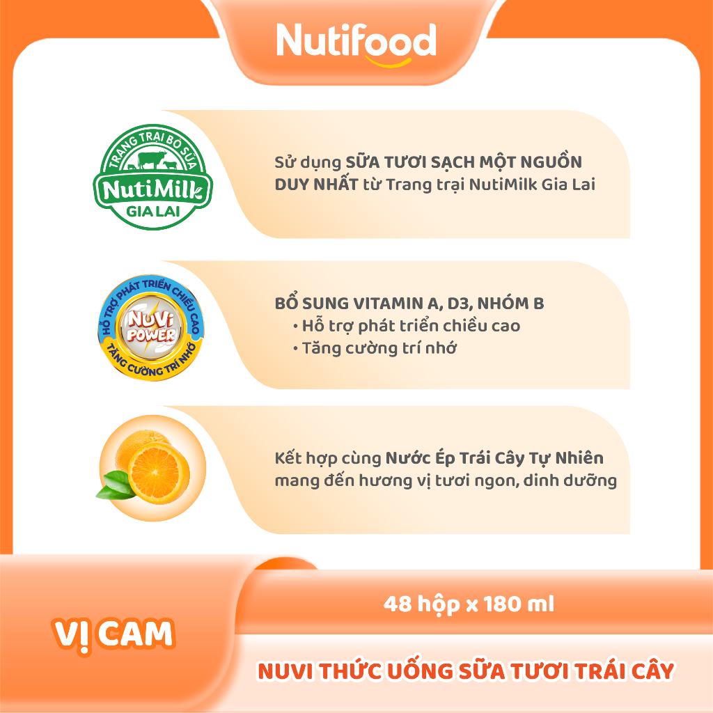 Thùng 48 Hộp Thức Uống Sữa Tươi Trái Cây NuVi Vị Cam 180ml