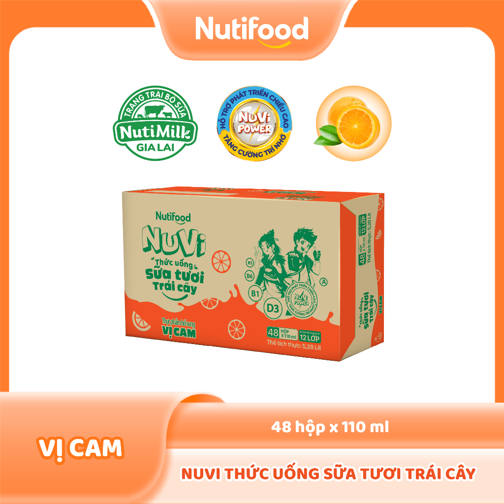 Thùng 48 Hộp Thức Uống Sữa Tươi Trái Cây NuVi Vị Cam 110ml