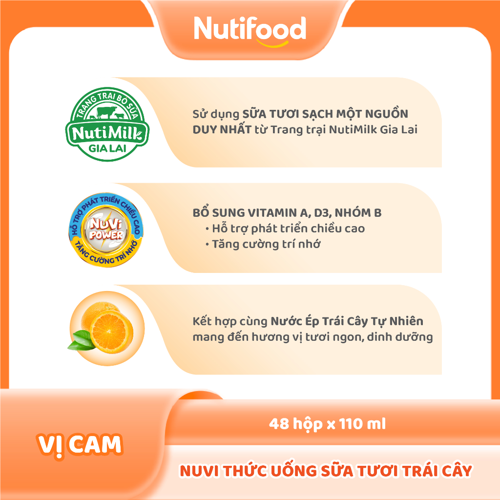 Thùng 48 Hộp Thức Uống Sữa Tươi Trái Cây NuVi Vị Cam 110ml