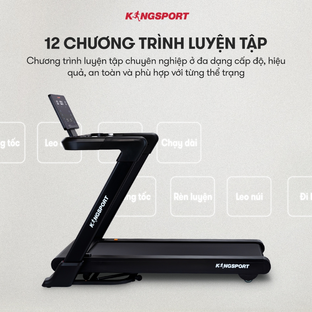 Máy chạy bộ KINGSPORT Vision Plus K-02 nâng dốc tự động 32%, tốc độ tối đa 18,8km/h