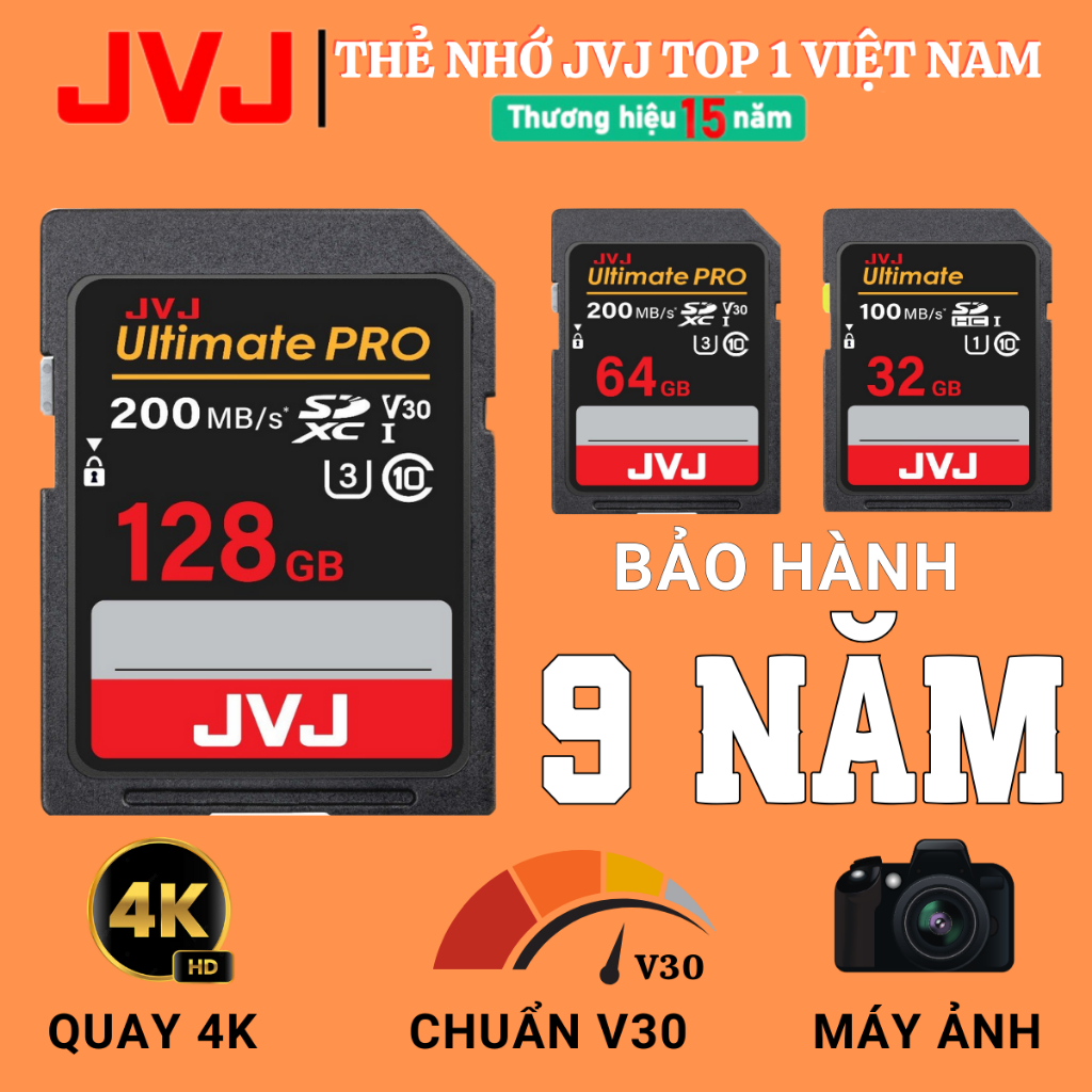 Ảnh Thẻ Nhớ SD 128Gb 64Gb 32Gb JVJ Ultimate Pro Chuẩn V30 U3 Class 10- Thẻ nhớ Máy Ảnh, Máy Quay 4K Full HD- BH 9 Năm 1 Đổi 1