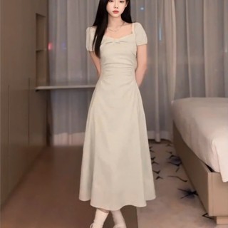 Váy tay bồng vai chun trễ vai nhún nơ midi dáng dài ôm body tôn dáng tiểu thư nhẹ nhàng, váy dự tiệc đám cưới