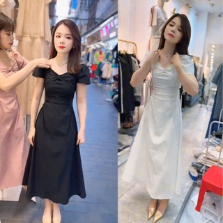 Váy tay bồng vai chun trễ vai nhún nơ midi dáng dài ôm body tôn dáng tiểu thư nhẹ nhàng, váy dự tiệc đám cưới