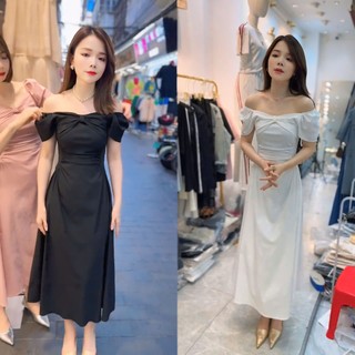 Váy tay bồng vai chun trễ vai nhún nơ midi dáng dài ôm body tôn dáng tiểu thư nhẹ nhàng, váy dự tiệc đám cưới