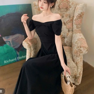 Váy tay bồng vai chun trễ vai nhún nơ midi dáng dài ôm body tôn dáng tiểu thư nhẹ nhàng, váy dự tiệc đám cưới