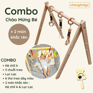 Kệ chữ A Cho Bé Kèm Móc Treo và Lục Lạc, bộ combo chào mừng bé sơ sinh, đồ chơi Chàng Trai Gỗ