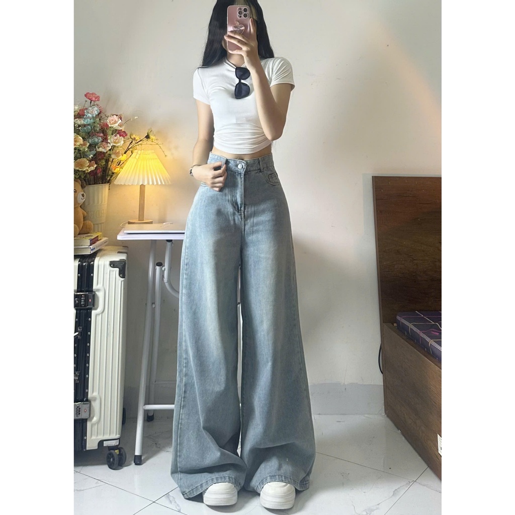 Quần jeans ống rộng Joolate màu xanh bạc ánh rêu hơi loe nhẹ lên dáng đẹp 7599 P12K10