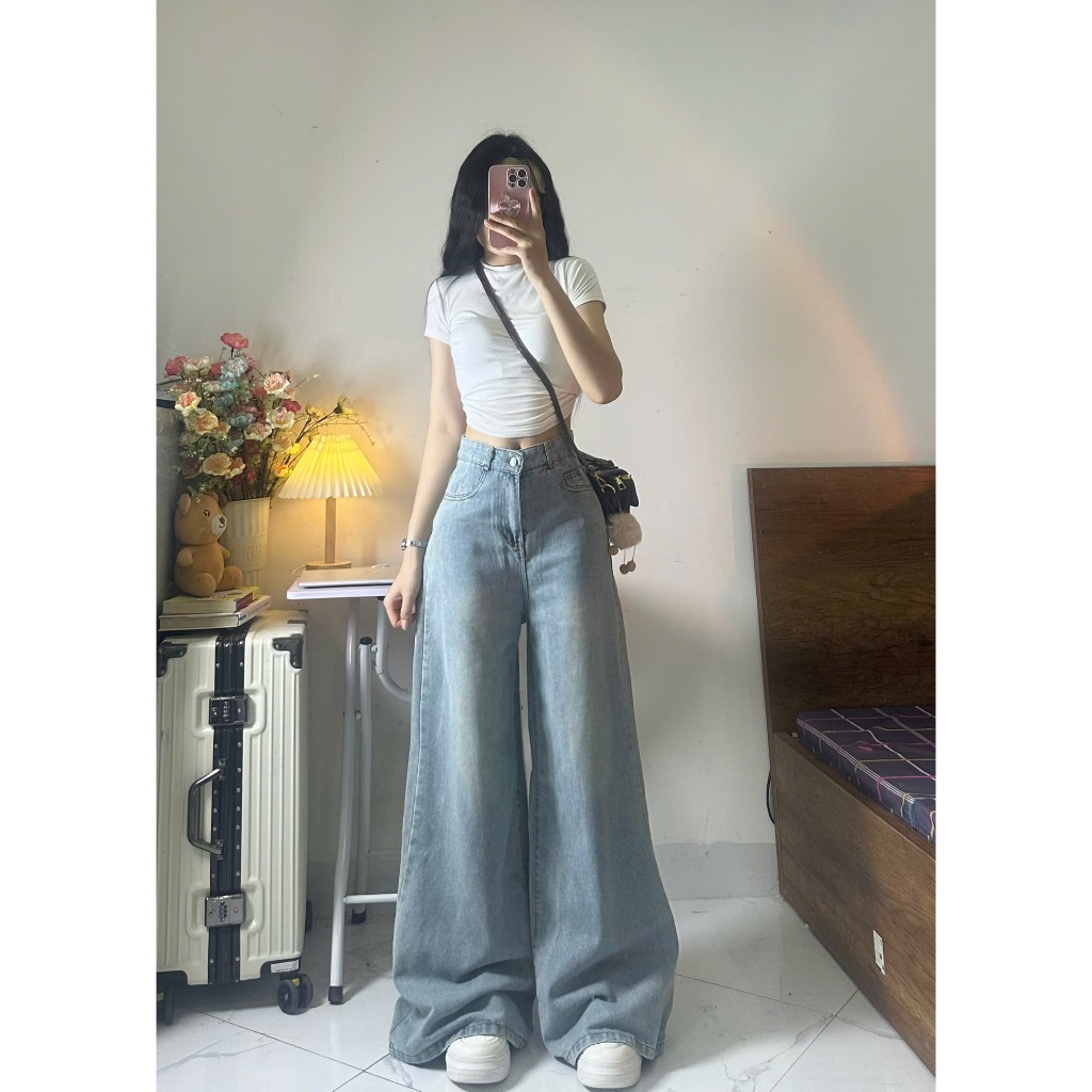 Quần jeans ống rộng Joolate màu xanh bạc ánh rêu hơi loe nhẹ lên dáng đẹp 7599 P12K10